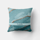 ターコイズパーソナライズされたティール（緑がかった色）金ゴールドマーブルゲート クッション (裏面)