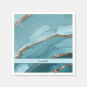 ターコイズパーソナライズされたティール(緑がかった色)金ゴールドマーブルゲート スタンダードカクテルナプキン (正面)
