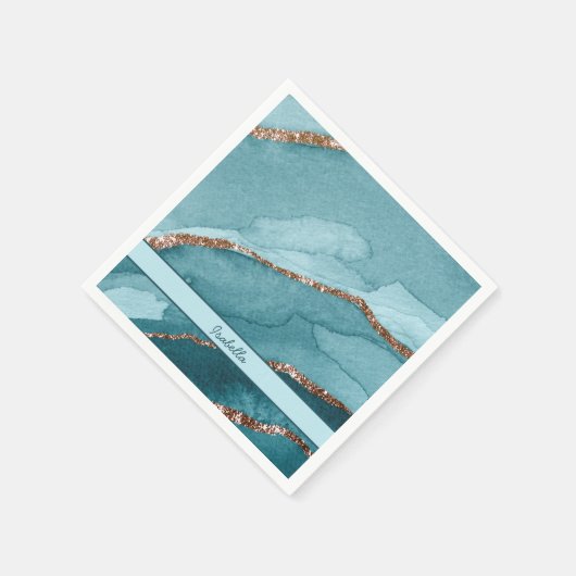 ターコイズパーソナライズされたティール(緑がかった色)金ゴールドマーブルゲート スタンダードカクテルナプキン (角)