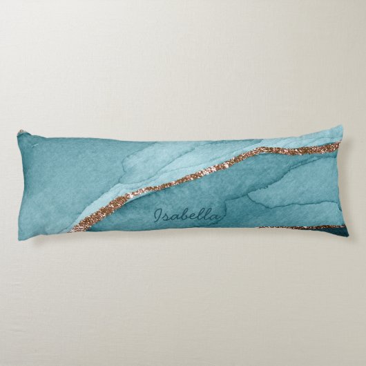 ターコイズパーソナライズされたティール（緑がかった色）金ゴールドマーブルゲート ボディピロー (裏面)