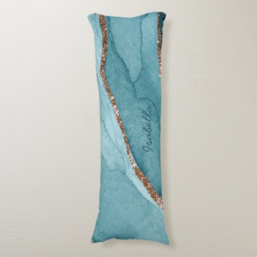 ターコイズパーソナライズされたティール（緑がかった色）金ゴールドマーブルゲート ボディピロー (正面縦)