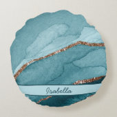 ターコイズパーソナライズされたティール(緑がかった色)金ゴールドマーブルゲート ラウンドクッション (裏面)