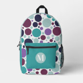 ターコイズパープルネイビーブルードットモノグラム プリントバックパック (正面)
