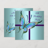 ターコイズパープルバタフライエレガント40歳の誕生日パーティー 招待状 (正面/裏面)