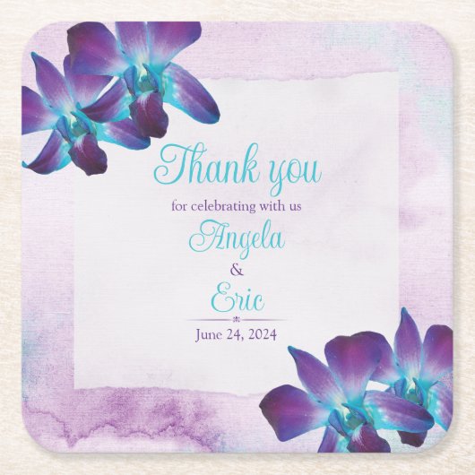 ターコイズパープルブルーデンドロビウムオーキッド結婚ズ スクエアペーパーコースター (正面)
