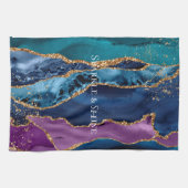 ターコイズパープルブルー金ゴールドグリッター大理石 キッチンタオル (横)