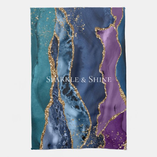 ターコイズパープルブルー金ゴールドグリッター大理石 キッチンタオル (縦)