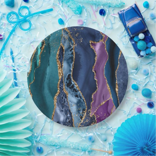 ターコイズパープルブルー金ゴールドグリッター大理石 ペーパープレート (パーティー)