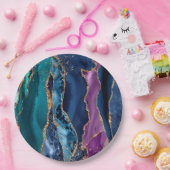 ターコイズパープルブルー金ゴールドグリッター大理石 ペーパープレート (パーティー)