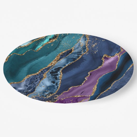 ターコイズパープルブルー金ゴールドグリッター大理石 ペーパープレート (アングル)