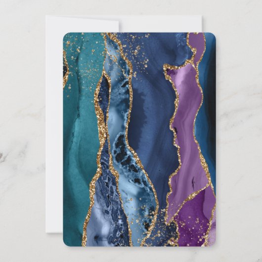 ターコイズパープルブルー金ゴールドグリッター大理石 招待状 (裏面)