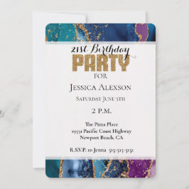 ターコイズパープルブルー金ゴールドグリッター大理石 招待状