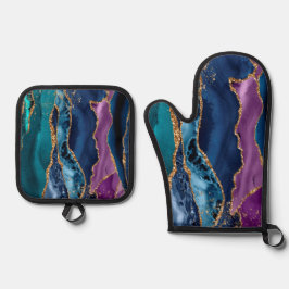 ターコイズパープルブルー金ゴールドグリッター大理石 鍋つかみ&鍋敷きセット