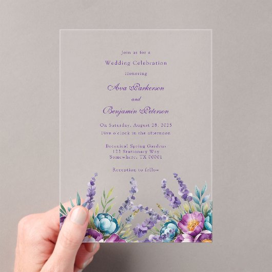ターコイズパープルワイルドフラワー結婚ズお祝い アクリル招待状 (インサイチュ (ポータブル))