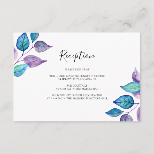 ターコイズパープル葉ズウェディングレセプション エンクロージャーカード (正面)