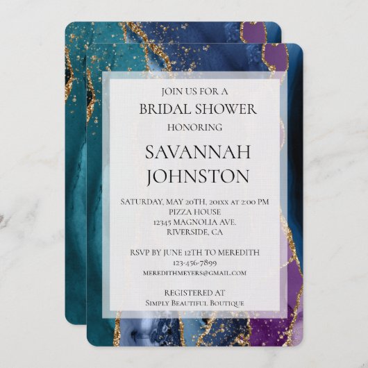 ターコイズパープル金ゴールドグリッターマーブルブライダルシャワー 招待状 (正面/裏面)