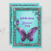 ターコイズパールパープルバタフライモダンシガーリーック 招待状 (正面/裏面)