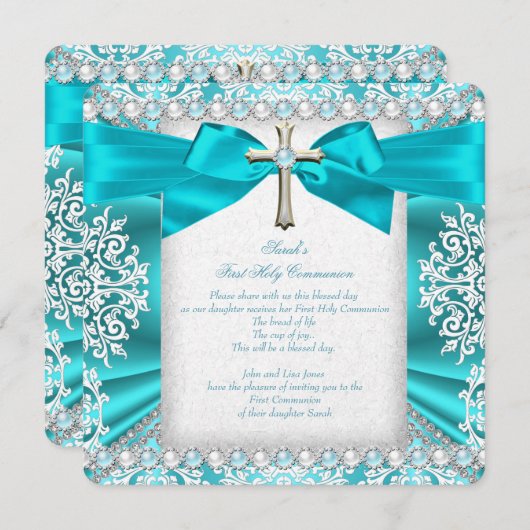 ターコイズパールホワイトの初聖体拝領 女の子2 招待状 (正面/裏面)