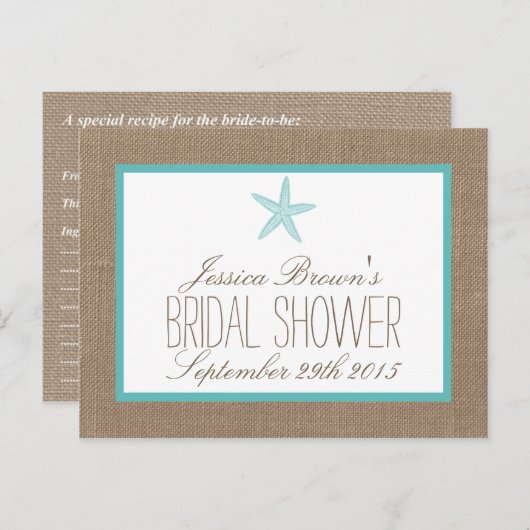 ターコイズヒトデビーチブライダルシャワーレシピカード インビテーションポストカード (正面/裏面)