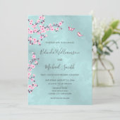 ターコイズピンクさくらんぼ結婚ブロッサム 招待状 (スタンド正面)