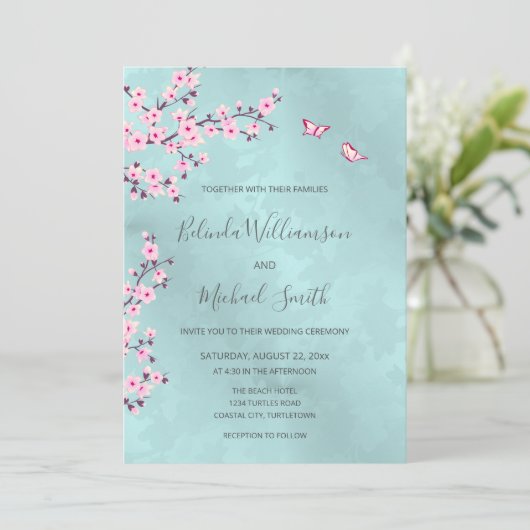 ターコイズピンクさくらんぼ結婚ブロッサム 招待状 (スタンド正面)