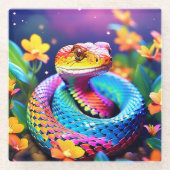 ターコイズピンクと黄色鮮やかのコブラヘビ ガラスコースター (正面)