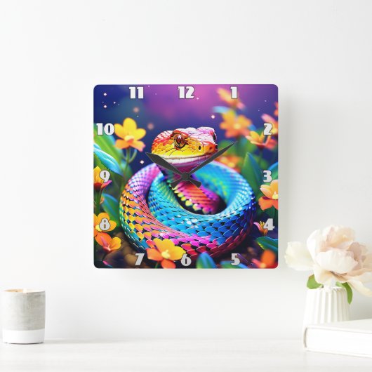 ターコイズピンクと黄色鮮やかのコブラヘビ スクエア壁時計 (ホーム)