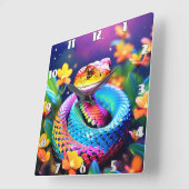 ターコイズピンクと黄色鮮やかのコブラヘビ スクエア壁時計 (傾斜)