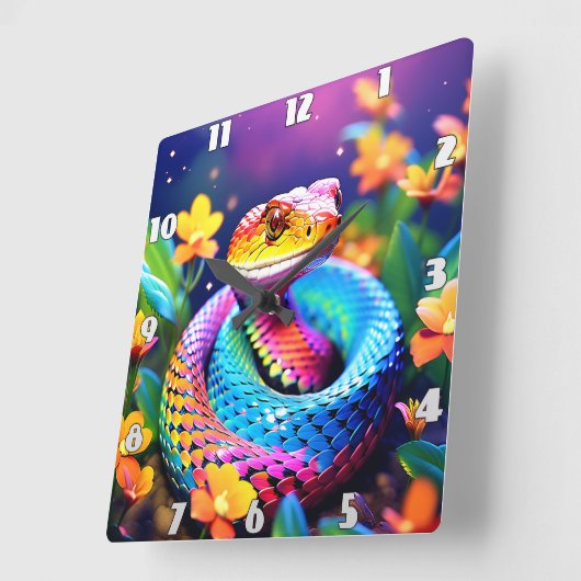 ターコイズピンクと黄色鮮やかのコブラヘビ スクエア壁時計 (傾斜)