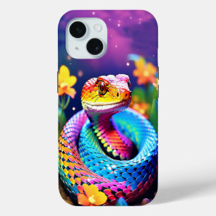 ターコイズピンクと黄色鮮やかのコブラヘビ iPhone 15ケース