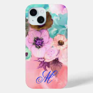 ターコイズピンクのバラとアネモネの花のモノグラム iPhone 15ケース