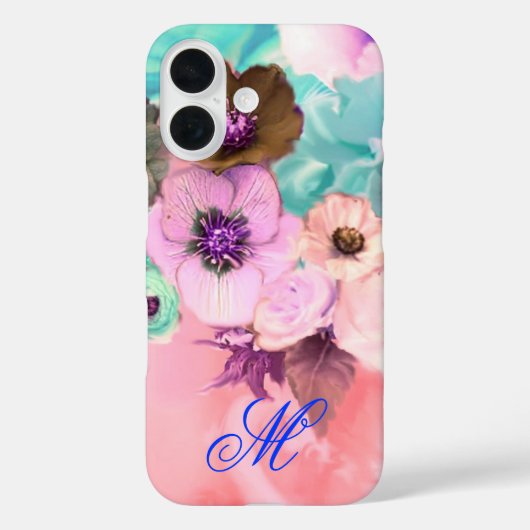 ターコイズピンクのバラとアネモネの花のモノグラム Case-Mate iPhoneケース (裏面)