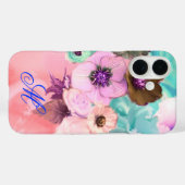 ターコイズピンクのバラとアネモネの花のモノグラム Case-Mate iPhoneケース (裏面 (横))