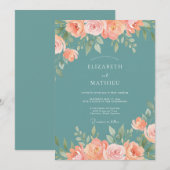 ターコイズピンクの桃の花の幻想的なウェディング 招待状 (正面/裏面)