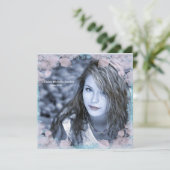 ターコイズピンクの花の写真を使った卒業お知らせ 招待状 (スタンド正面)