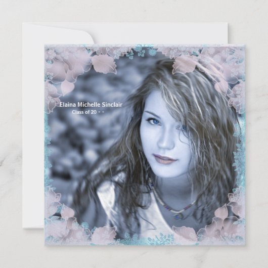 ターコイズピンクの花の写真を使った卒業お知らせ 招待状 (正面)