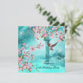 ターコイズピンクの花咲くアジアン誕生日パーティーの鳥 招待状 (スタンド正面)
