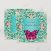 ターコイズピンクの蝶 女性の30歳の誕生日 招待状 (正面/裏面)