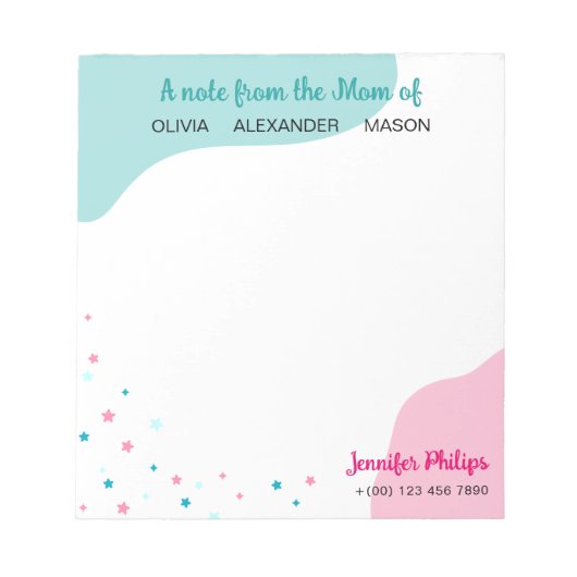 ターコイズピンクは母からのメモを星にする ノートパッド (正面)