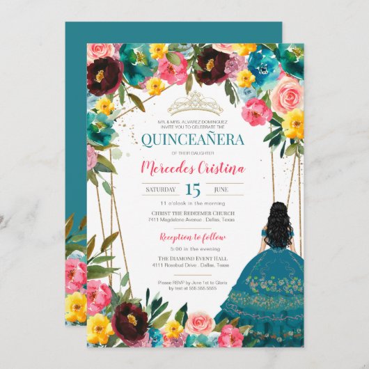 ターコイズピンクイエローフェスティバルフローラキンセアニェラ 招待状 (正面/裏面)