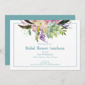 ターコイズピンクウォーターカラーフローラブライダルシャワー 招待状 (正面/裏面)