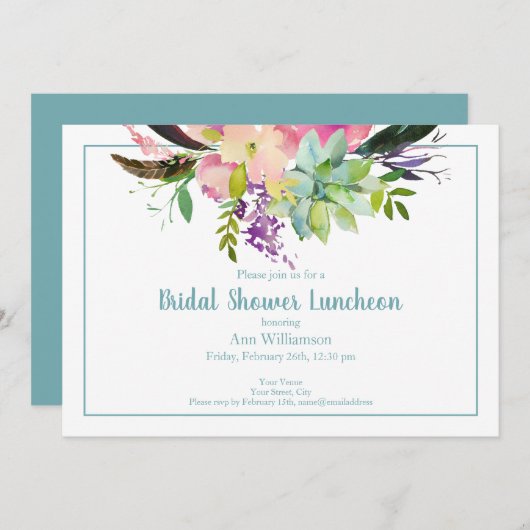 ターコイズピンクウォーターカラーフローラブライダルシャワー 招待状 (正面/裏面)