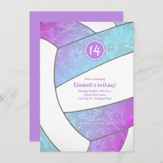 ターコイズピンクパープルバレーボールガーリー誕生日 招待状 (正面/裏面)