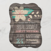 ターコイズピンクフラワーオンウッド素朴ブライダルシャワー 招待状 (正面/裏面)