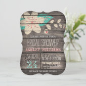 ターコイズピンクフラワーオンウッド素朴ブライダルシャワー 招待状 (スタンド正面)