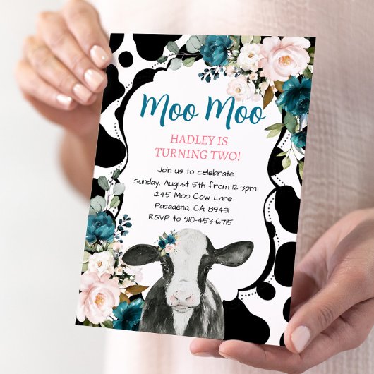 ターコイズピンクフローラカウファーム誕生日招待状 招待状