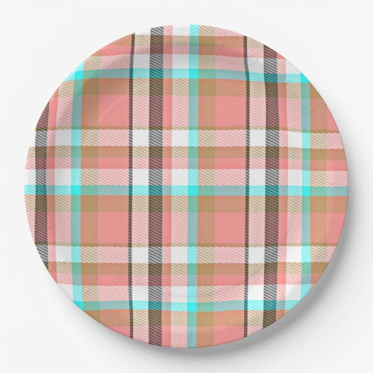 ターコイズピンクレトロシックタータンチェック格子模様 ペーパープレート (正面)