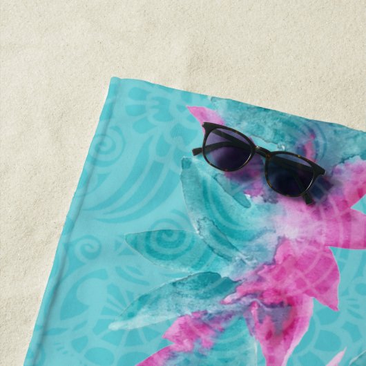 ターコイズピンク抽象芸術ハワイアン花 ビーチタオル (インサイチュ)