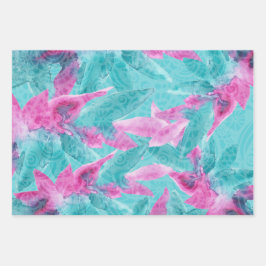 ターコイズピンク抽象芸術ハワイアン花 ラッピングペーパーシート