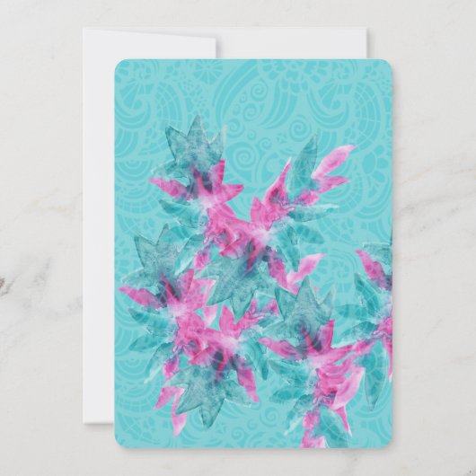 ターコイズピンク抽象芸術ハワイアン花 招待状 (裏面)